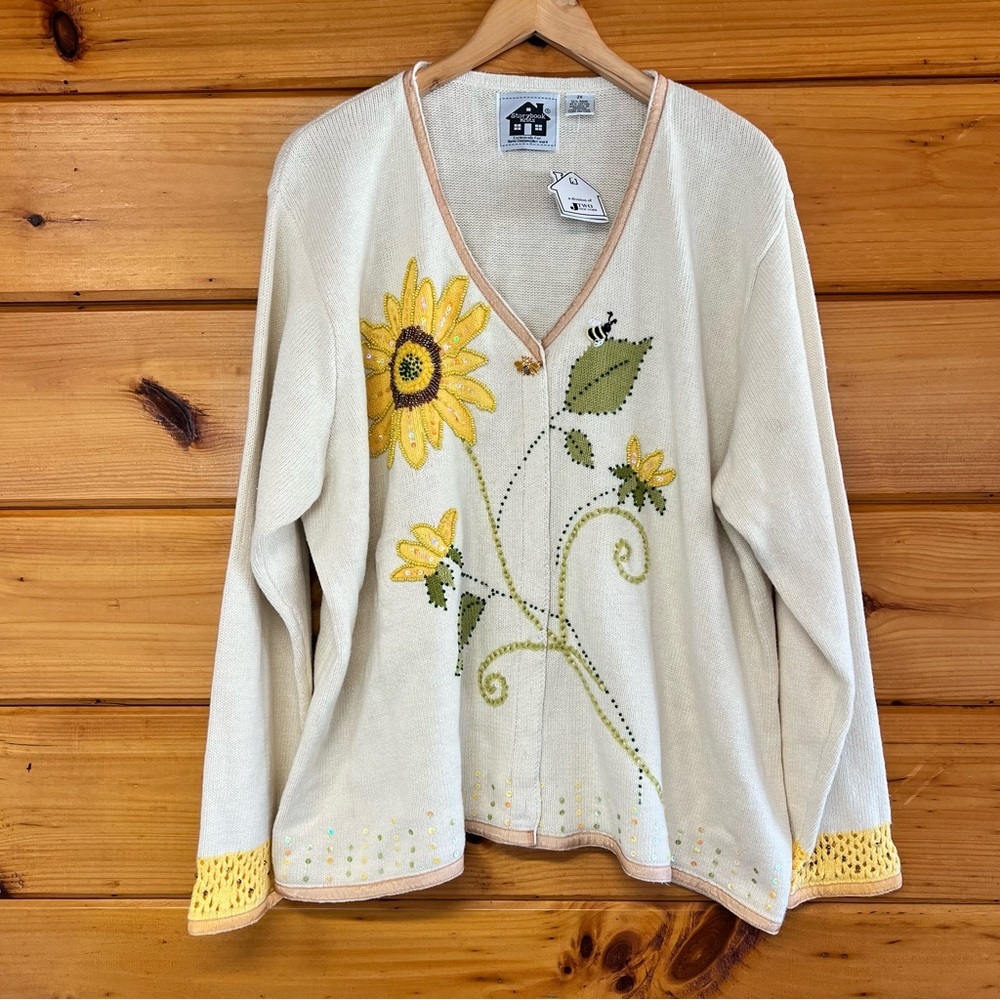 NWT VTG Storybook Knits Cream V-Neck Plus Sweater Sunflower Embroidered Bead 2X